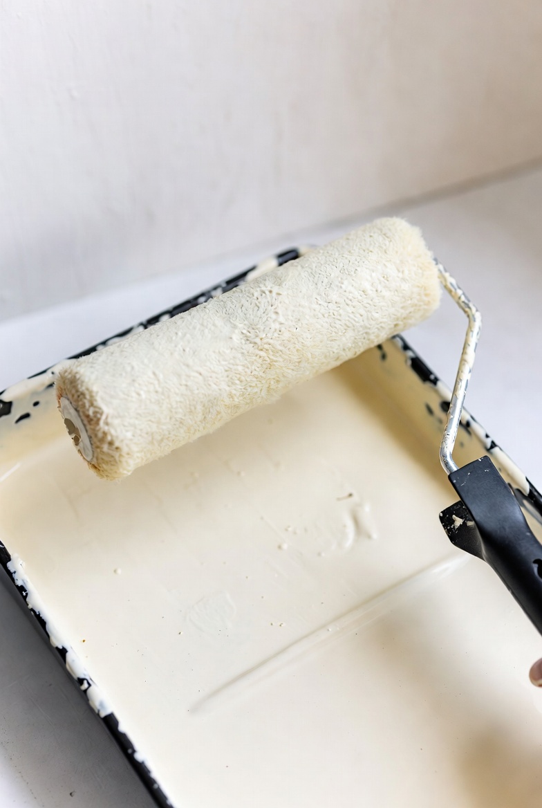 Close-up of paint roller and tray