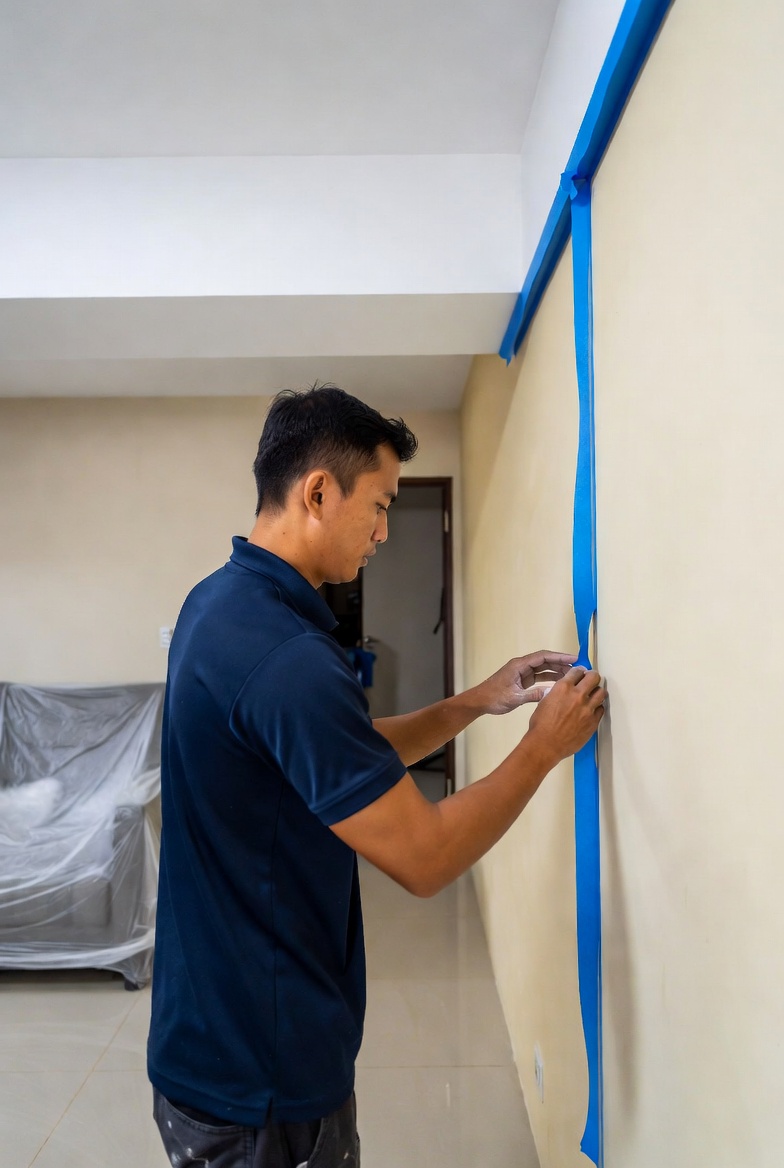 Painter taping edges before painting